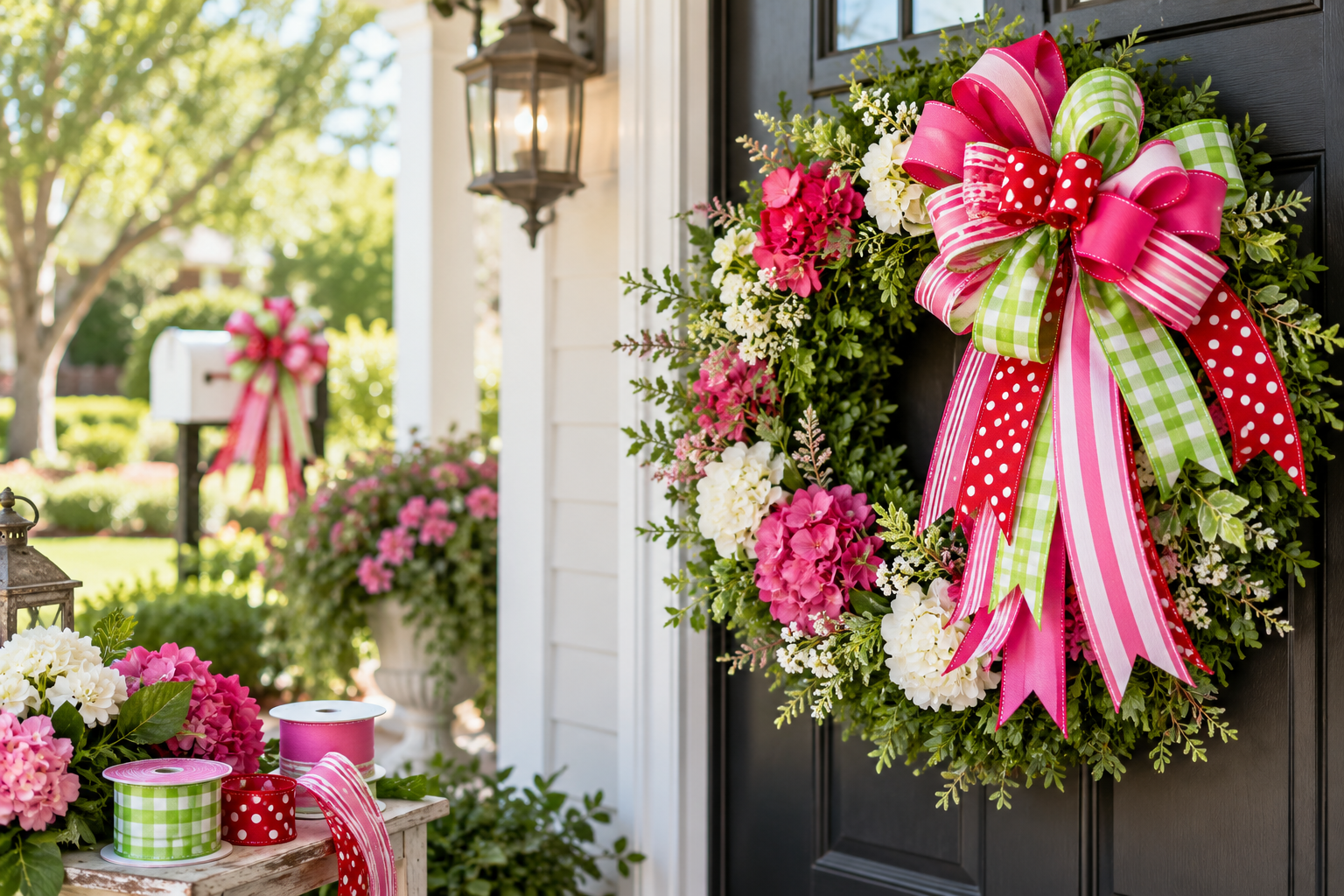 Colorful handcrafted wreath with an oversized pink, green, and red bow on a front door